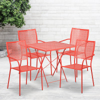 Flash Furniture CO-28SQF-02CHR4-RED-GG 28" Square Steel Folding Patio Table Set with 4 Square Back Chairs in Coral